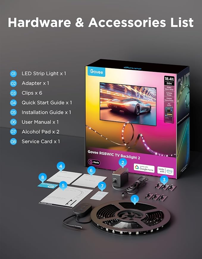 Govee TV LED Backlight 2, 18.4ft Cuttable TV Lights for 32-86 Inch TVs, Color Changing RGBWIC LED Strips Lights with 210+ Scene Modes & Music Sync, Smart APP and Voice Control, Easy Install