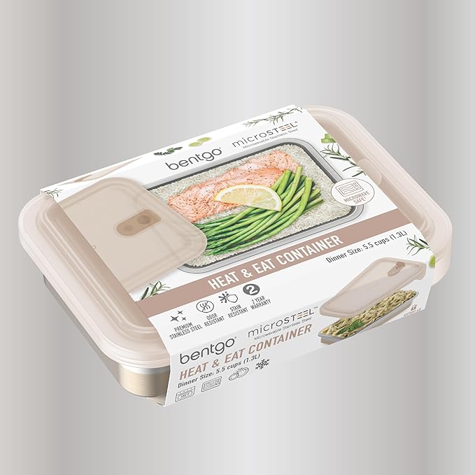 Bentgo MicroSteel Heat & Eat Container – Microwave-Safe, Leak-Proof & Airtight, Easy-to-Clean Lightweight Stainless Steel Reusable Food Storage with Silicone Lid (Dinner Size; 5.5-Cup Capacity; Gold)