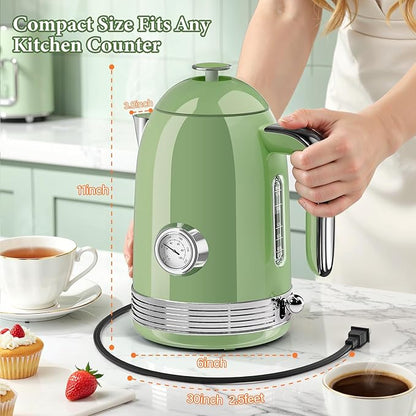 Electric Kettle - 1.7L Hot Tea Water Boiler with Thermometer, 1500W Fast Heating Stainless Steel Pot, Cordless LED Indicator, Auto Shut-Off & Boil Dry Protection, Retro Green