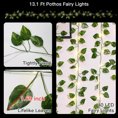 suddus Vine with Fairy Lights Battery Operated, 13.1ft 40 LED Pothos String Lights with Remote, Leaf Lights for Bedroom, Room, Wall, Garden, Party, Wedding Decor(Warm White)