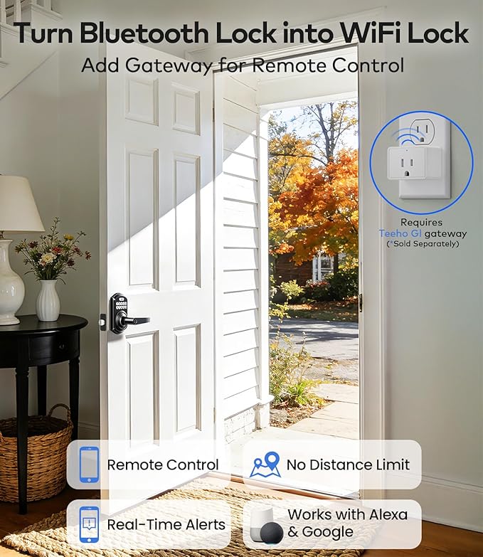 TEEHO TE019 Smart Keyless Entry Door Lock with Handle, App Control, Digital Electronic Keypad, Remote One-Time Code Sharing, Auto Lock & Passage Mode, for Bedroom & Rental, Matte Black