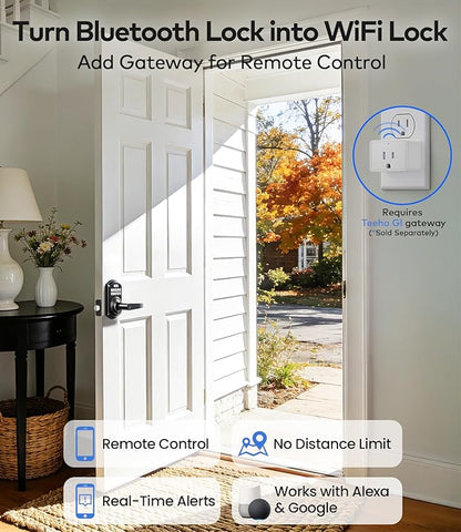 TEEHO TE019 Smart Keyless Entry Door Lock with Handle, App Control, Digital Electronic Keypad, Remote One-Time Code Sharing, Auto Lock & Passage Mode, for Bedroom & Rental, Matte Black