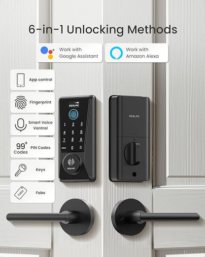 DESLOC D110 Plus Built-in Wi-Fi Smart Lock with 2 Lever Handles, Fingerprint Keyless Entry Door Lock Set, Touchscreen Keypad Deadbolt with Backlit, Remote Control, BHMA 3, IP54 Waterproof, Auto Lock