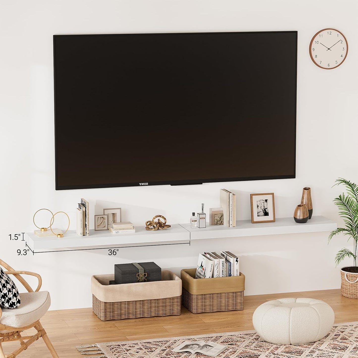 Heimlove Floating Shelves for Wall 36 Inches Long,9.3" Deep White Floating Shelf Set of 2,Wall Mounted Shelves for Bathroom Bedroom Living Room Kitchen Office,Shelf for Books Storage,Home Decor