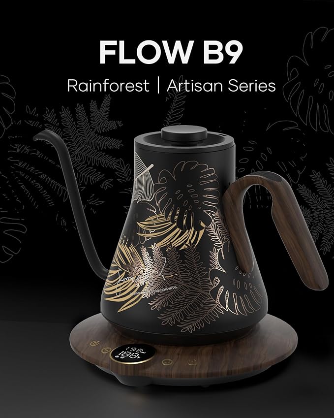 Cocinare Barista Collection Rainforest Gooseneck Electric Kettle, ±1℉ Precise Temperature Control for Pour-Over Coffee & Tea, Quick Heating 1500W, Stainless Steel Interior, 0.9L