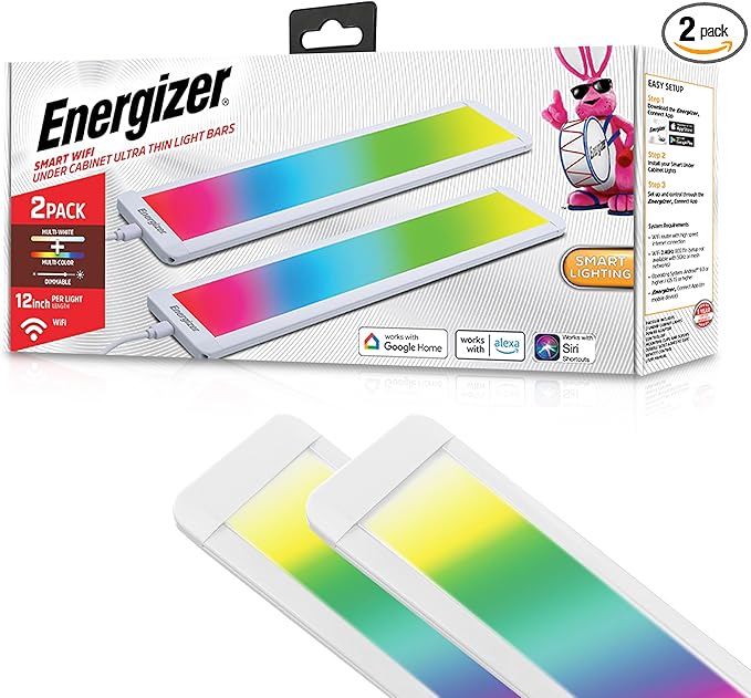 Energizer Smart Under Cabinet Light Bar 2 Pack, Ultra-Thin 0.3”x12”x2.7”, RGB + Multi-White, Remote Control, Button, App, Voice Control with Alexa Siri Google, Motion Control, Dimmable, Scheduling
