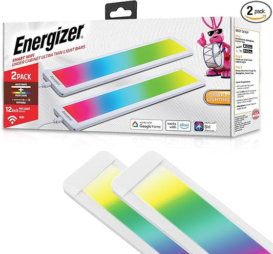 Energizer Smart Under Cabinet Light Bar 2 Pack, Ultra-Thin 0.3”x12”x2.7”, RGB + Multi-White, Remote Control, Button, App, Voice Control with Alexa Siri Google, Motion Control, Dimmable, Scheduling