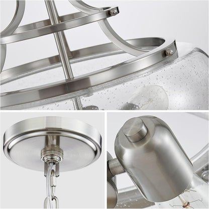 WUZUPS Chandelier Rustic Farmhouse Industrial Round Ceiling Pendant LED Light Fixture Clear Seeded Glass Shade for Dining Room Kitchen Island Foyer Entryway, H 20.9" x W 15.9", Brushed Nickel