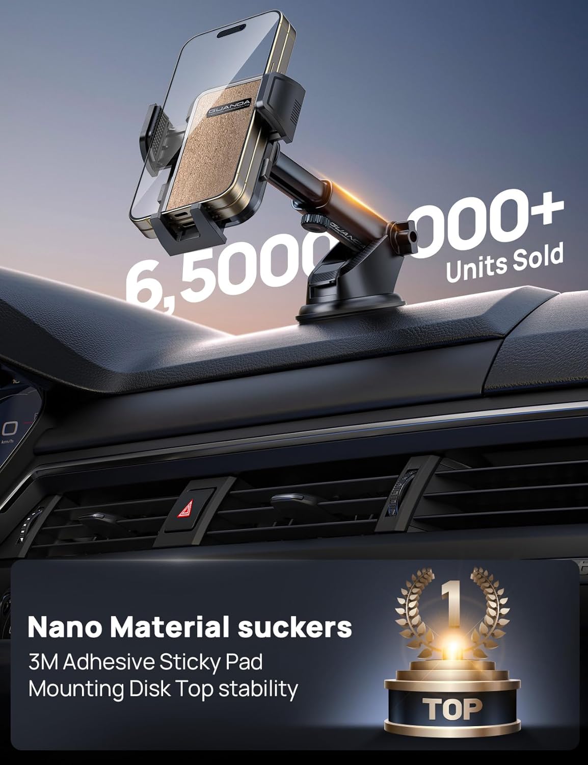 [2025 New] Dashboard Phone Holders for Your Car (+Vent Hook)[Military Grade Stable] Car Cell Phone Holder, Non-Slip Silicone Carbon Fiber Car Phone Mount, Rotatable Suction Cup for All Phone, Gold