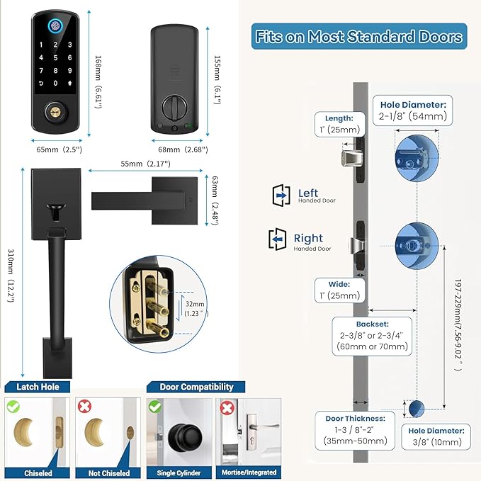 Keyless Entry Door Deadbolt with Handle Set, BEBASIA Fingerprint APP Smart Door Lock, Digital Keypad Bluetooth Deadbolt Lockset with Auto Lock Code Fob Black