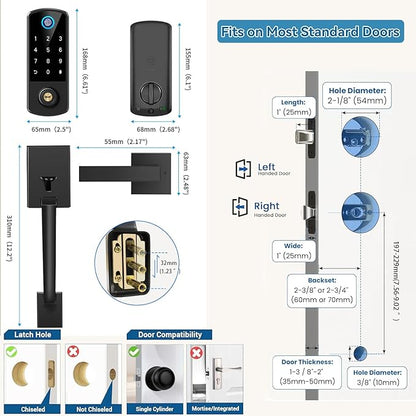 Keyless Entry Door Deadbolt with Handle Set, BEBASIA Fingerprint APP Smart Door Lock, Digital Keypad Bluetooth Deadbolt Lockset with Auto Lock Code Fob Black