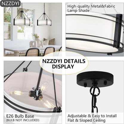 16.3''Black Drum Chandelier 3-Light Modern Farmhouse Chandelier with White Fabric Shade Adjustable Drum Pendant Light Fixture for Dining Room Kitchen Island Hallway Living Bedroom