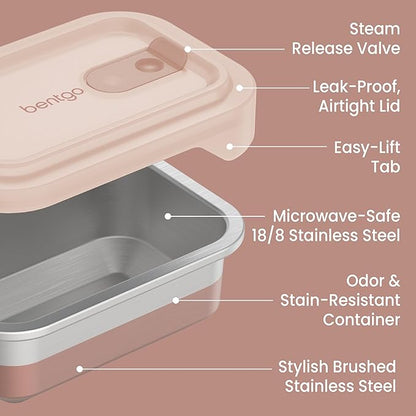 Bentgo MicroSteel Heat & Eat Container – Microwave-Safe, Leak-Proof & Airtight, Easy-to-Clean Lightweight Stainless Steel Reusable Food Storage with Silicone Lid (Snack Size; 2-Cup Capacity; Rose)