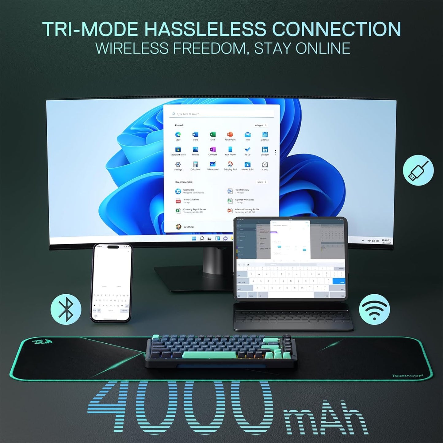 Redragon K724 PRO Wireless Gasket Gaming Keyboard w/Hype Screen & Knob, 81-Key Mechanical Keyboard, Easy-Control 1.14’’ TFT Info Display, 5-Layer Noise Dampening, Custom Linear Switch, Dark Jade Color
