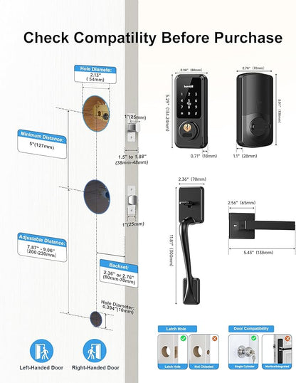 Smart Keyless Entry Door Lock with Handle, Hornbill Front Door Lock Set, Keypad Code Deadbolt with Lever, Digital Touchscreen via Alexa/Bluetooth/Keyfob/Key