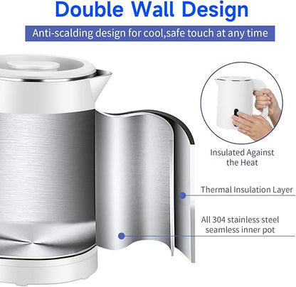 Small Electric Tea Kettle Stainless Steel, 0.8L Portable Mini Hot Water Boiler Heater, Travel Electric Coffee Kettle with Auto Shut-Off & Boil Dry Protection (White)