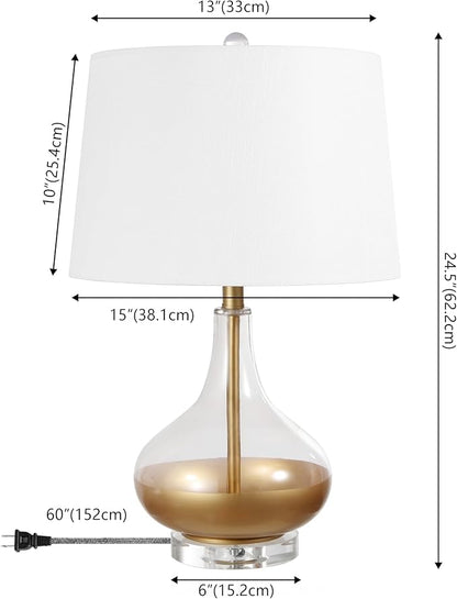 JONATHAN Y 24.5" Gold Painted Glass Table Lamp, Modern Glam Teardrop Nightstand Lamp with White Linen Drum Shade and Crystal Base, UL Listed, LED Bulb Included JYL5007A