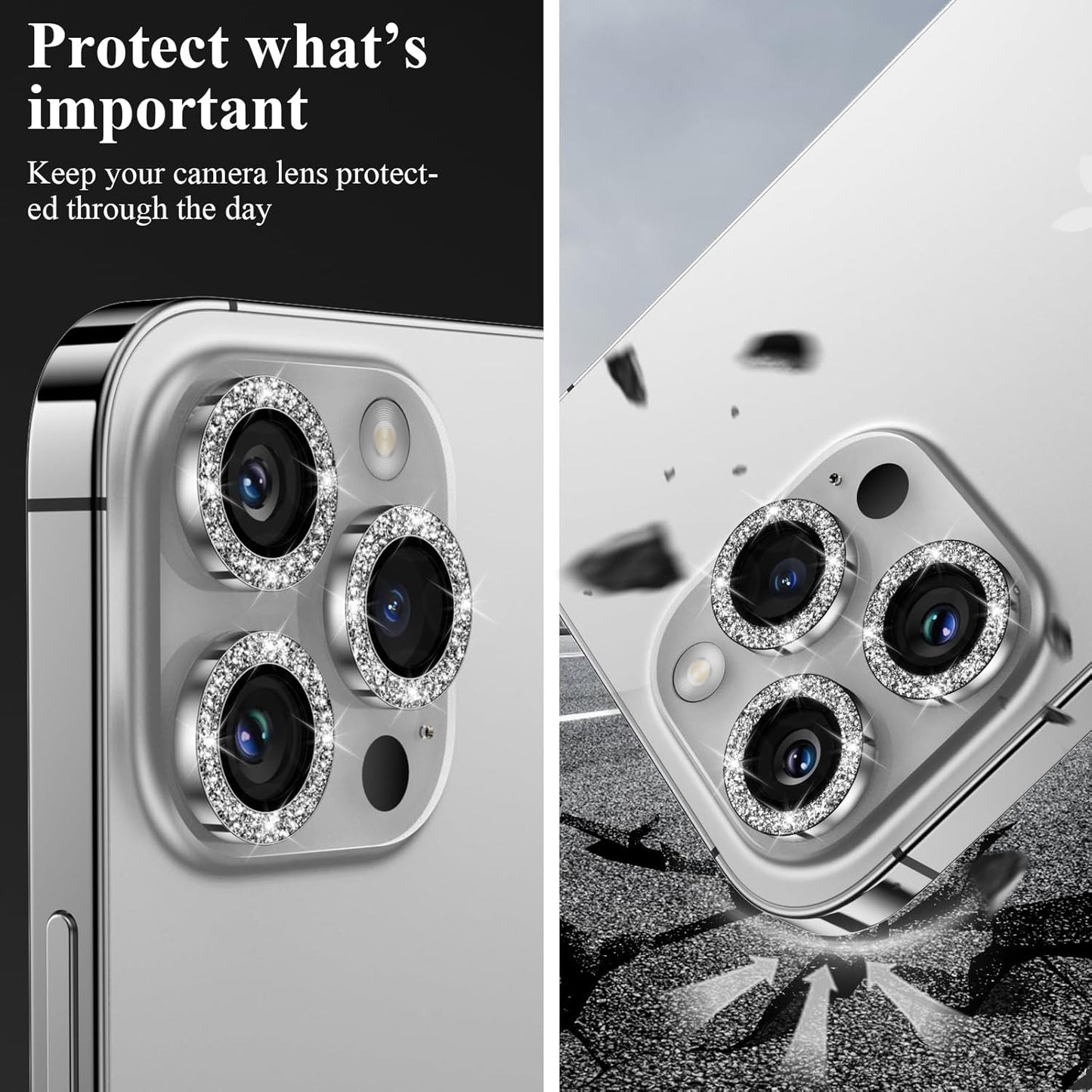 YWXTW Designed for iPhone 14 Pro/iPhone 14 Pro Max Camera Lens Protector Bling, [New Glitter Design] Individual Metal Tempered Glass Camera Cover Accessories Case Friendly, 1 Set (Silver Glitter)