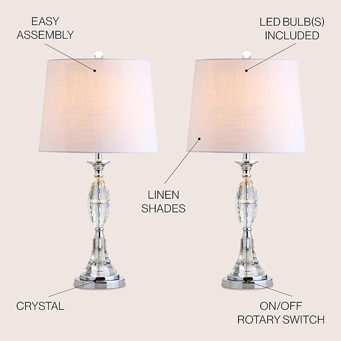 JONATHAN Y 25.5" Clear/Chrome Crystal Table Lamp Set of 2 for Bedroom, Traditional French Country Lamps for Living Room, White Linen Drum Shade, LED Bulbs Included JYL2041A-SET2