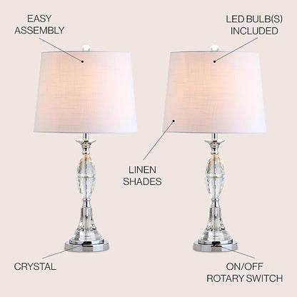 JONATHAN Y 25.5" Clear/Chrome Crystal Table Lamp Set of 2 for Bedroom, Traditional French Country Lamps for Living Room, White Linen Drum Shade, LED Bulbs Included JYL2041A-SET2