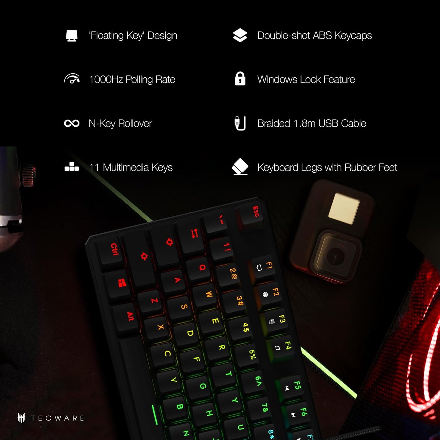 TECWARE Phantom 87 Key Mechanical Keyboard, RGB led, Typewriter Sound, Outemu Blue Switch