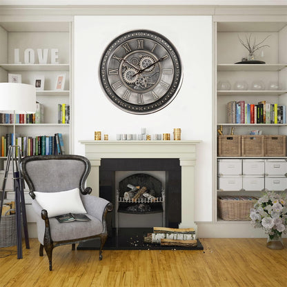 CLXEAST 24 Inch Large Moving Gear Wall Clock for Living Room Decor, Antique Silver Metal Roman Numerals Wall Clocks for Home Office