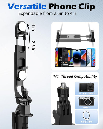 UBeesize 64'' Extendable Phone Tripod & Selfie Stick with Light and Remote, Adjustable Tripod Stand for iPhone 11-16, Android, GoPro, Cameras, Travel Vlogging & Video Recording
