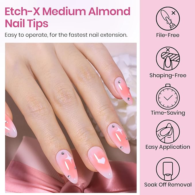 Beetles Medium Almond Nail Tips 576pcs 12 Sizes, Pre-Etched Soft Gel Nail Tips Half Matte Full Cover Press on False Nail Tips Clear Acrylic Nails Glue on Nails DIY Nail Extension Gift for Women