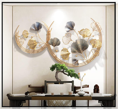 CDDUOLA 3D Room Wall Decor, Handmade Art Metal Round Golden Ginkgo Leaf Decorative Wall Sculpture for Home Living Room And Bedroom, 2 Pack