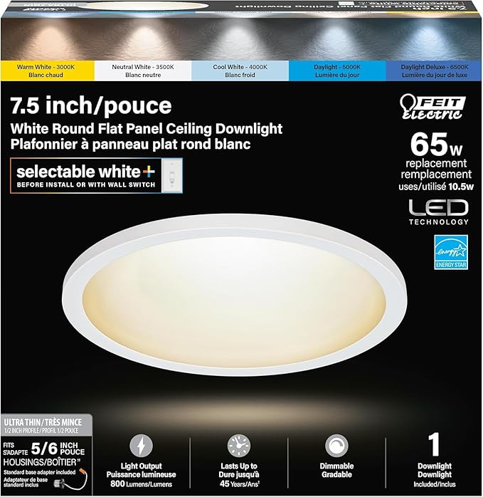 Feit Electric LED Ceiling Downlight, Dimmable Flat Panel Ceiling Light with Color Selection (5CCT), TP24 Adapter Included