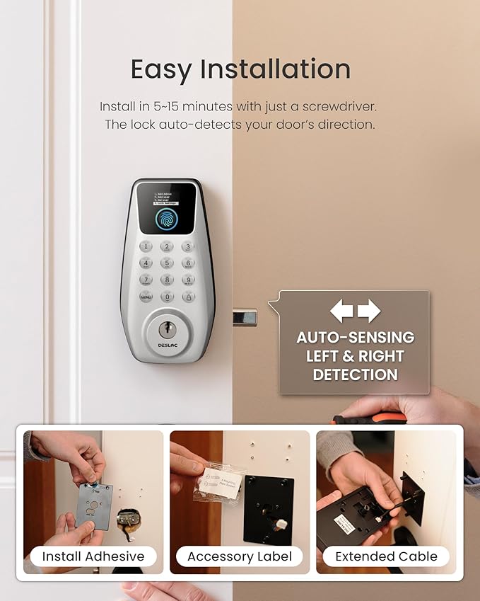 DESLOC C110 Fingerprint Keyless Entry Door Locks, Front Door Smart Lock Deadbolt with 2 Lever Handles,Auto-Lock, Backlit Keypad, 12 Months Battery, lP54 Waterproof, BHMA Grade 3 (Sliver)