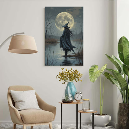 JFHCQJPK Witch in the moonlight magic canvas wall art enchanting Halloween home decor swamp witch silhouette oil painting mysterious gothic aesthetic wall decor print poster8x12in Frameless