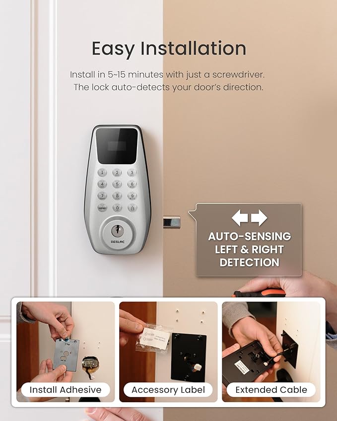 DESLOC C100 Keyless Entry Door Lock with 2 Lever Handles, Smart Deadbolt Lock for Front Door with 2 Keys, Auto Lock, 100 PIN Codes, Passage Mode, IP54 Waterproof, 12 Months Battery,Silver