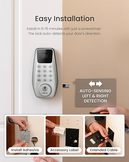 DESLOC C100 Keyless Entry Door Lock with 2 Lever Handles, Smart Deadbolt Lock for Front Door with 2 Keys, Auto Lock, 100 PIN Codes, Passage Mode, IP54 Waterproof, 12 Months Battery,Silver