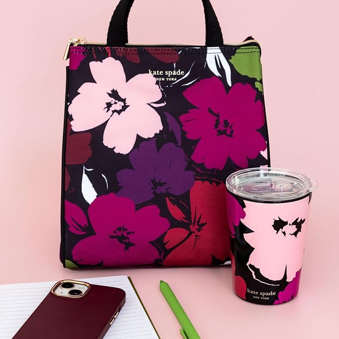 kate spade new york Portable Soft Cooler Lunch Bag, Thermal Tote with Insulated Interior Lining and Storage Pocket, Lunch Tote for Women, Painterly Blooms