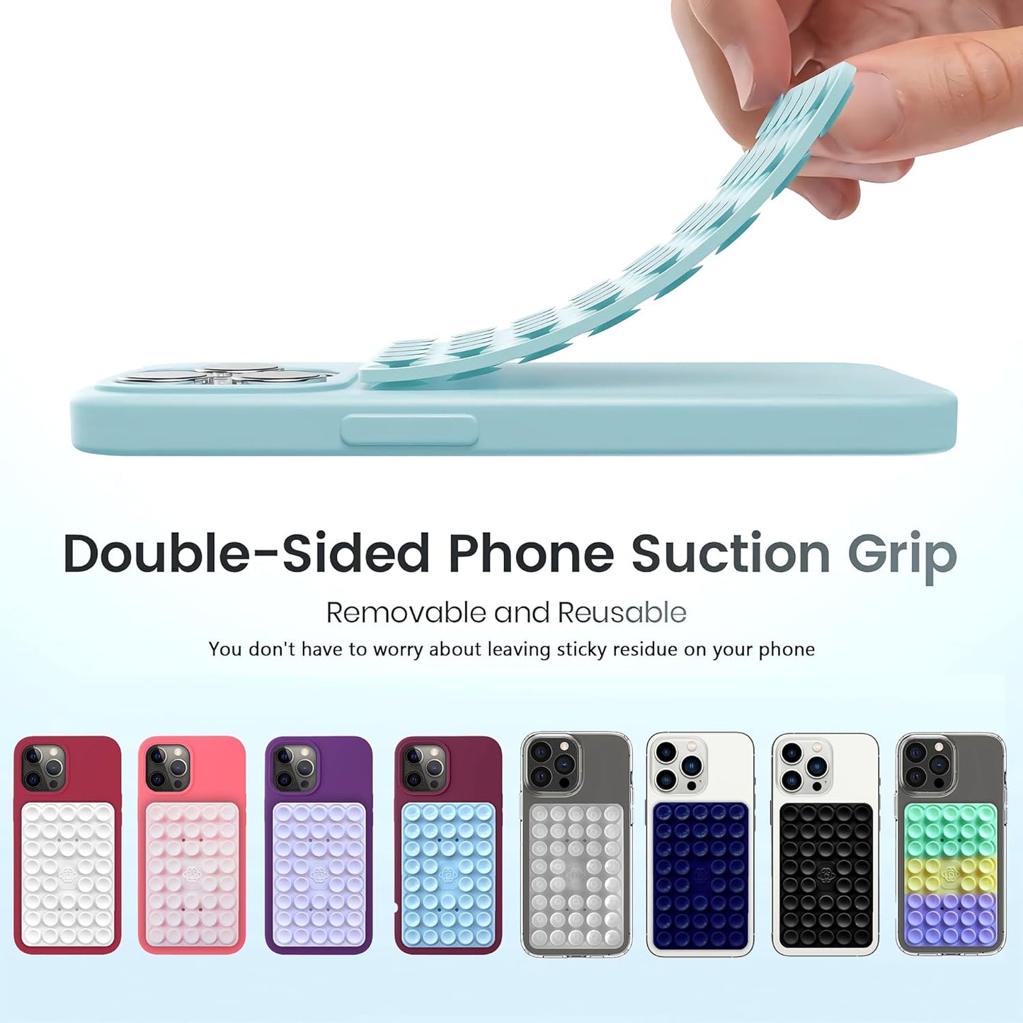 Silicone Double-Sided Suction Phone Grip Detachable Mount - Car Dashboard/Shower Phone Holder, Hands-Free For Selfies & Videos, ASMR- iphone & Android Compatible (Large, Black+Transparent)