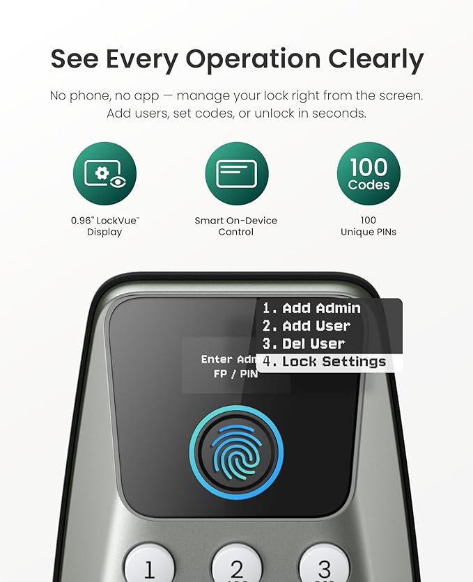 DESLOC C110 Smart Lock with LockVue Display, 3-in-1 Keyless Entry Door Lock with Fingerprint, Passcode & Key, BHMA Certified Deadbolt, Auto Lock, 12-Month Battery for Home, Apartment & Airbnb, Nickel