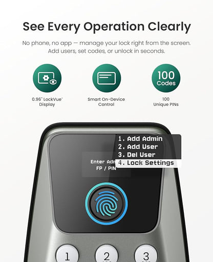 DESLOC C110 Smart Lock with LockVue Display, 3-in-1 Keyless Entry Door Lock with Fingerprint, Passcode & Key, BHMA Certified Deadbolt, Auto Lock, 12-Month Battery for Home, Apartment & Airbnb, Nickel
