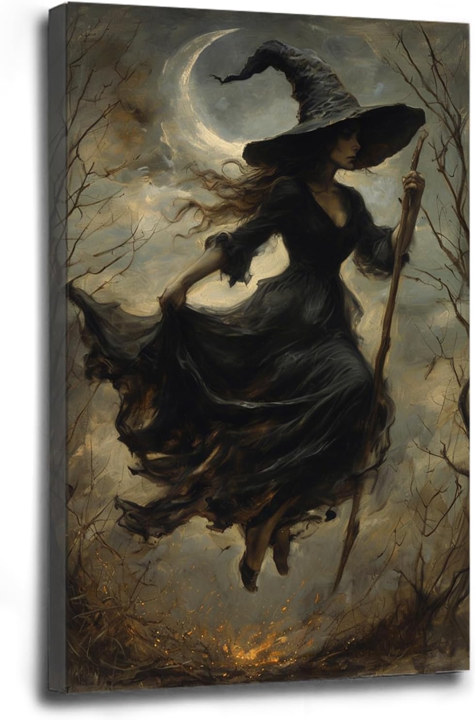 Witch in the Forest Halloween Print Wall Art Poster Witch Decor Vintage Print Dark College Wall Art Victorian Gothic Room Decor Canvas Wall Print16x24in Wood Framed