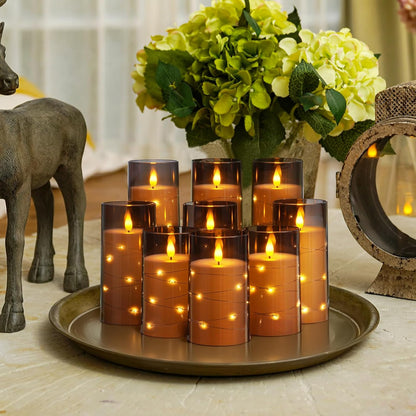 Homemory 9 Pcs Flameless Candles with Embedded Star String Fairy Lights, Battery Operated Candles, LED Fake Candles with Remote Control and Timer, Gray Acrylic