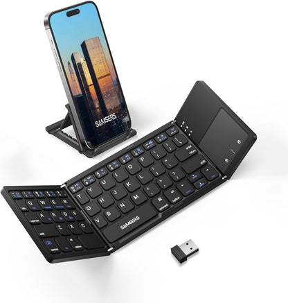 Samsers Multi-Device Foldable Bluetooth Keyboard with Touchpad, Rechargeable Dual-Mode(2.4G+BTx2) Wireless Keyboard with Holder, Portable Folding Keyboards for Android Windows iOS Mac OS - Black