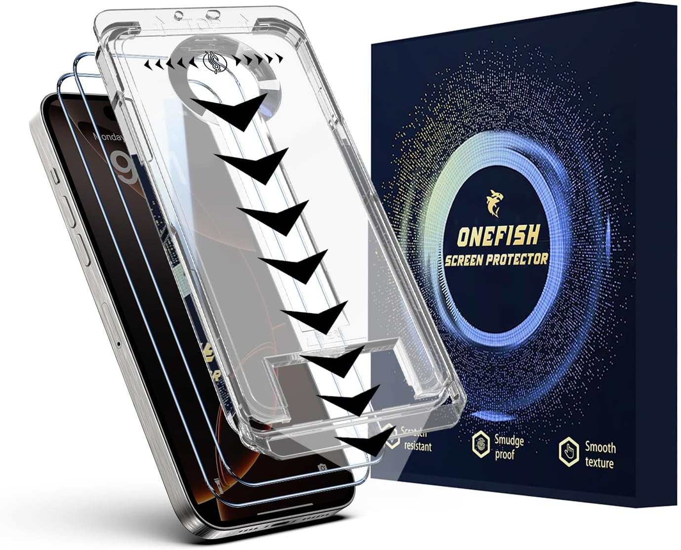 OneFish Screen Protector for Iphone 16, HD Clarity Tempered Glass Film 9H+ Hardness, with Hassle-Free Installation Frame, Dust-Free Bubble-Free Anti-Fingerprint, 2Pack