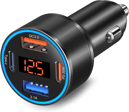 USB C Car Charger, 4-Port 65W Dual 12V USB-A & USB-C Car Phone Charger with Voltmeter PD/QC 3.0 Fast Charging Cigarette Lighter Adapter for iPhone 16e 15 14 13 12 11 Pro Max,Samsung, Android(Black)