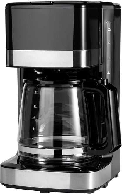 Amazon Basics 12 Cup Drip Coffee Maker with Glass Carafe (1.9 Qt), Auto Shut-off, Auto Pause, Removable Filter Basket, Black & Silver