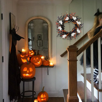 20-Inch Halloween Wreath - Handmade Orange & Black Berry Wreath with Adorable Mini Ghosts, Spooky Front Door Decor for Halloween Party