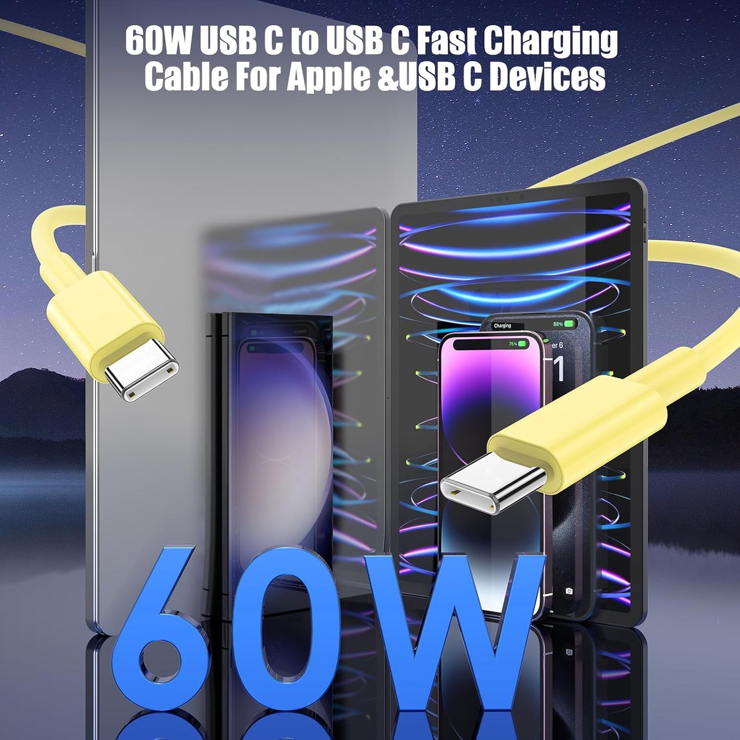 3-Pack Yellow [3.3FT+6.6FT+10FT] 60W USB C to USB C Cable, Type C Fast Charging Cable for iPhone 16 15 Pro Plus Pro Max，for Galaxy S24 S23, for iPad Pro/Air, for MacBook Pro/Air and More