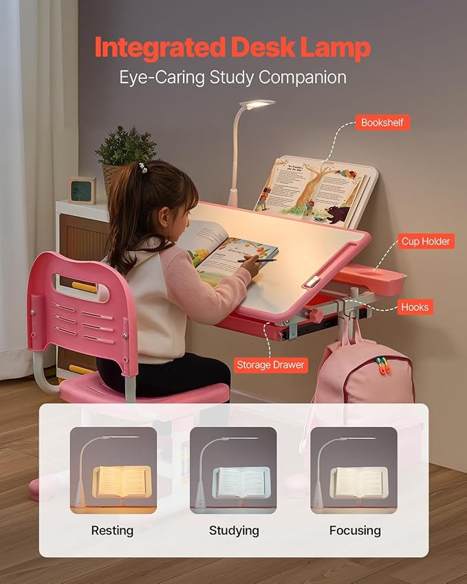 VEVOR Kids Study Desk and Chair Set, Learning Table and Chair for Kids with Table Lamp, Adjustable Height & 0-40° Tilted Desktop Toddler Desk and Chair, Table for Bedroom & Study Room, Pink