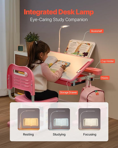 VEVOR Kids Study Desk and Chair Set, Learning Table and Chair for Kids with Table Lamp, Adjustable Height & 0-40° Tilted Desktop Toddler Desk and Chair, Table for Bedroom & Study Room, Pink