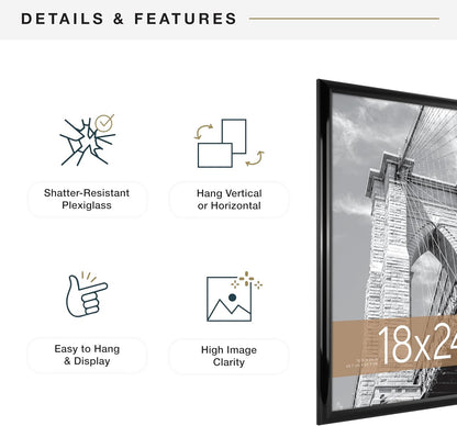 MCS Trendsetter 18x24 Poster Frame Black High-Gloss, Vertical & Horizontal Wall Hanging Large Picture Frame for Photos, Posters & Art Prints (2-Pack)