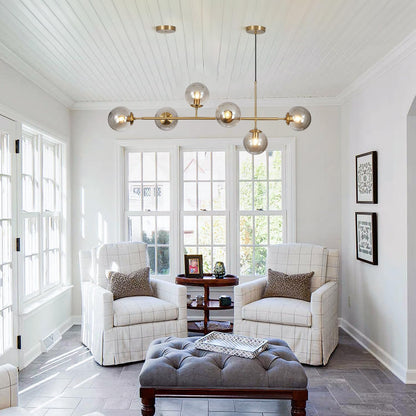 KCO Lighting 6-Light Modern Globe Sputnik Chandelier Brass Gold Linear Pendant Chandelier Lighting Smoke Glass Dining Room Chandelier Mid Century Sputnik Island Lights for Kitchen Living Room